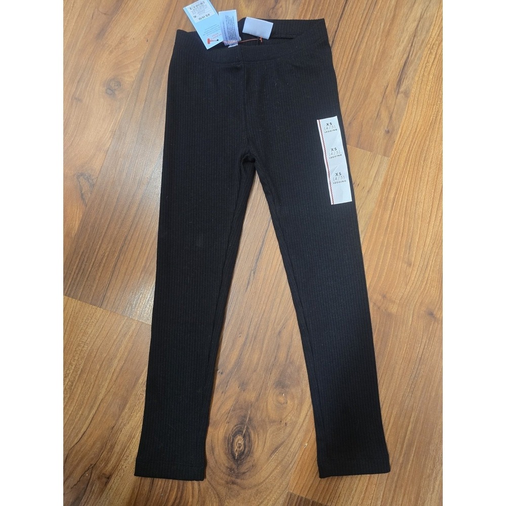 Cat & Jack Girls Black Ribbed Leggings Size XS 4/5 Ankle Length 6486